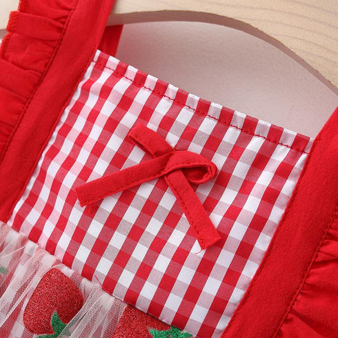 Summer New Girls' Sleeveless Dress Strawberry Mesh Printed Dress